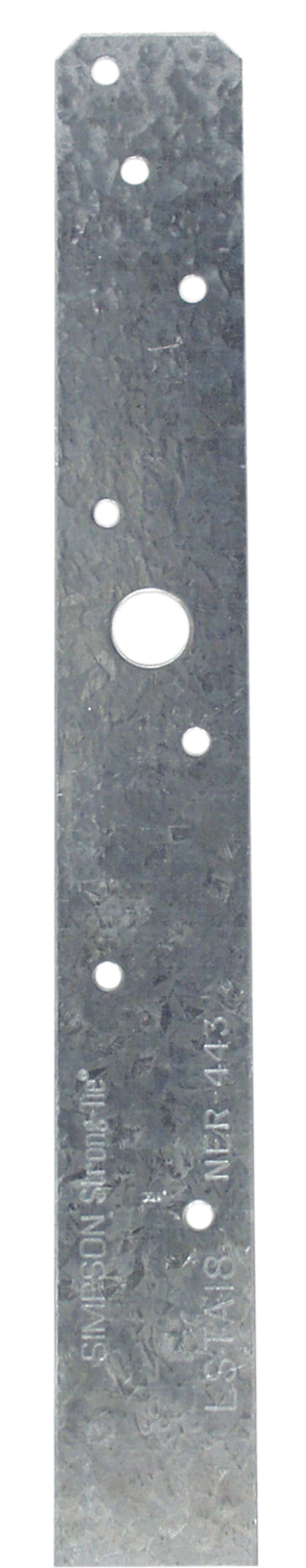 The Simpson Strong-Tie LSTA18 Galvanized Strap Tie features a long, narrow metal design with a textured surface and multiple holes, making it ideal for secure wood-to-wood connections.